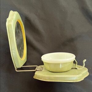 Vtg VANITY Green Celluloid Folding Travel Shaving Mirror W/Milk Glass Bowl *READ